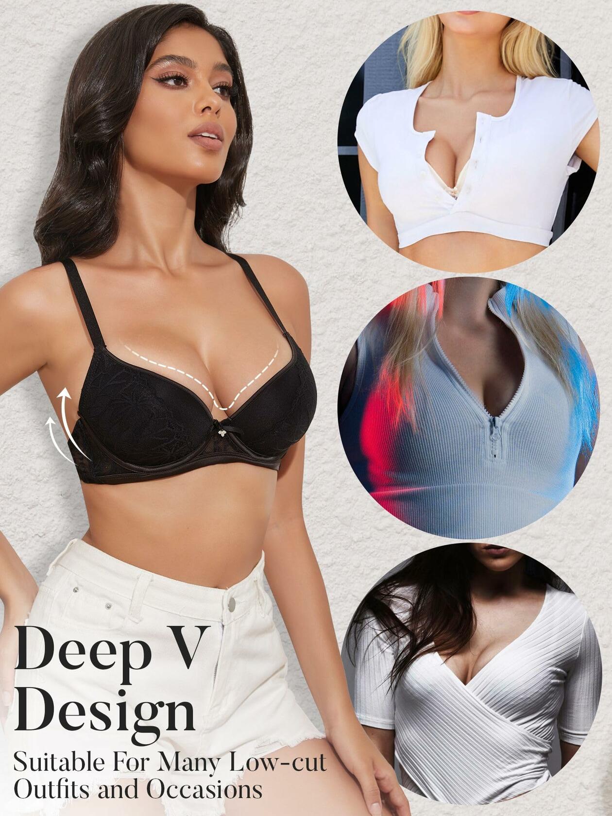 IHOIU Women's Push Up Padded Plunge Lace Underwire Bra White Size 34B