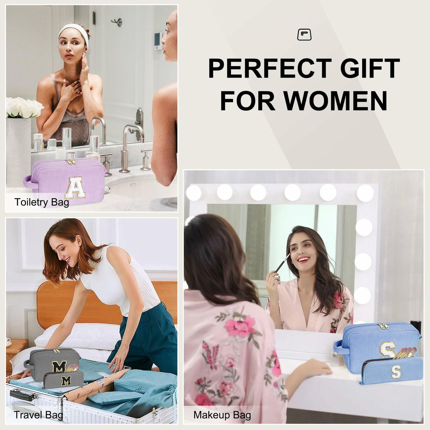 YOOLIFE Monogram Make Up Bag Birthday Gift for Women Girls Gray