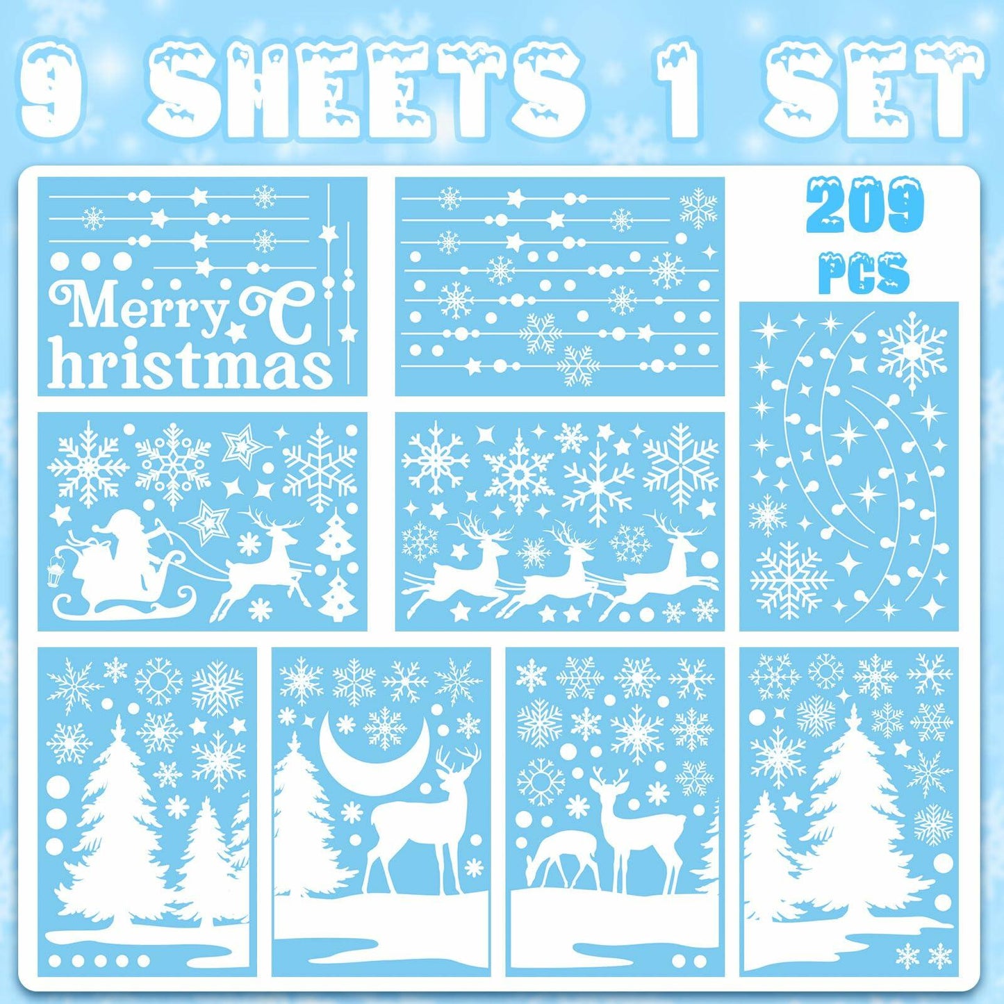 HOWAF 9 Sheets Merry Christmas Winter Wonderland Window Clings Snowflake Elk