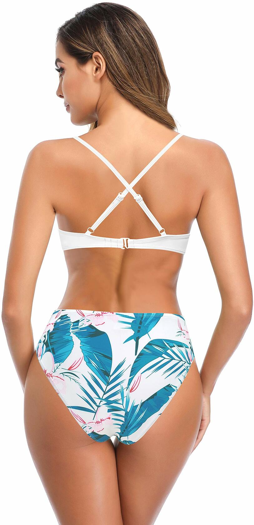 SHEKINI Women High Waist V-Wire Crossback Bikini Swimsuit Black Size L