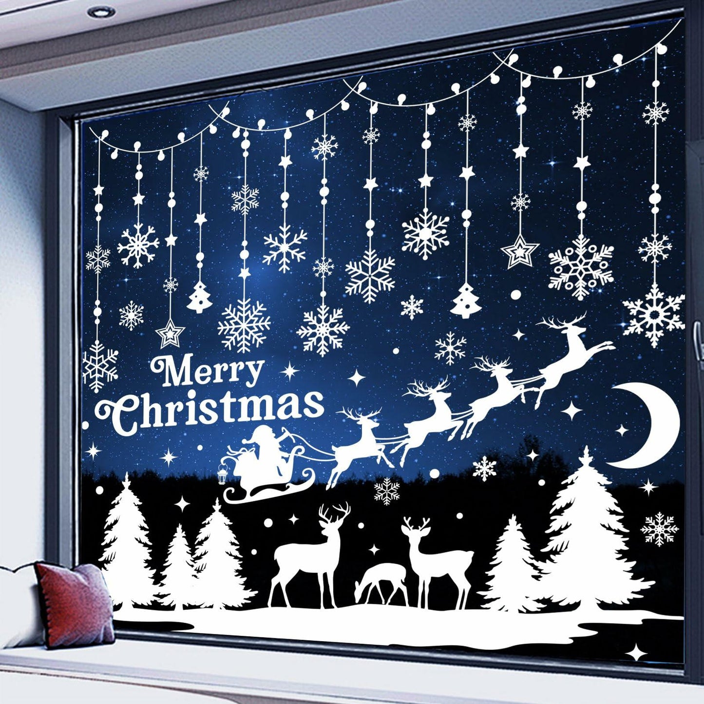 HOWAF 9 Sheets Merry Christmas Winter Wonderland Window Clings Snowflake Elk