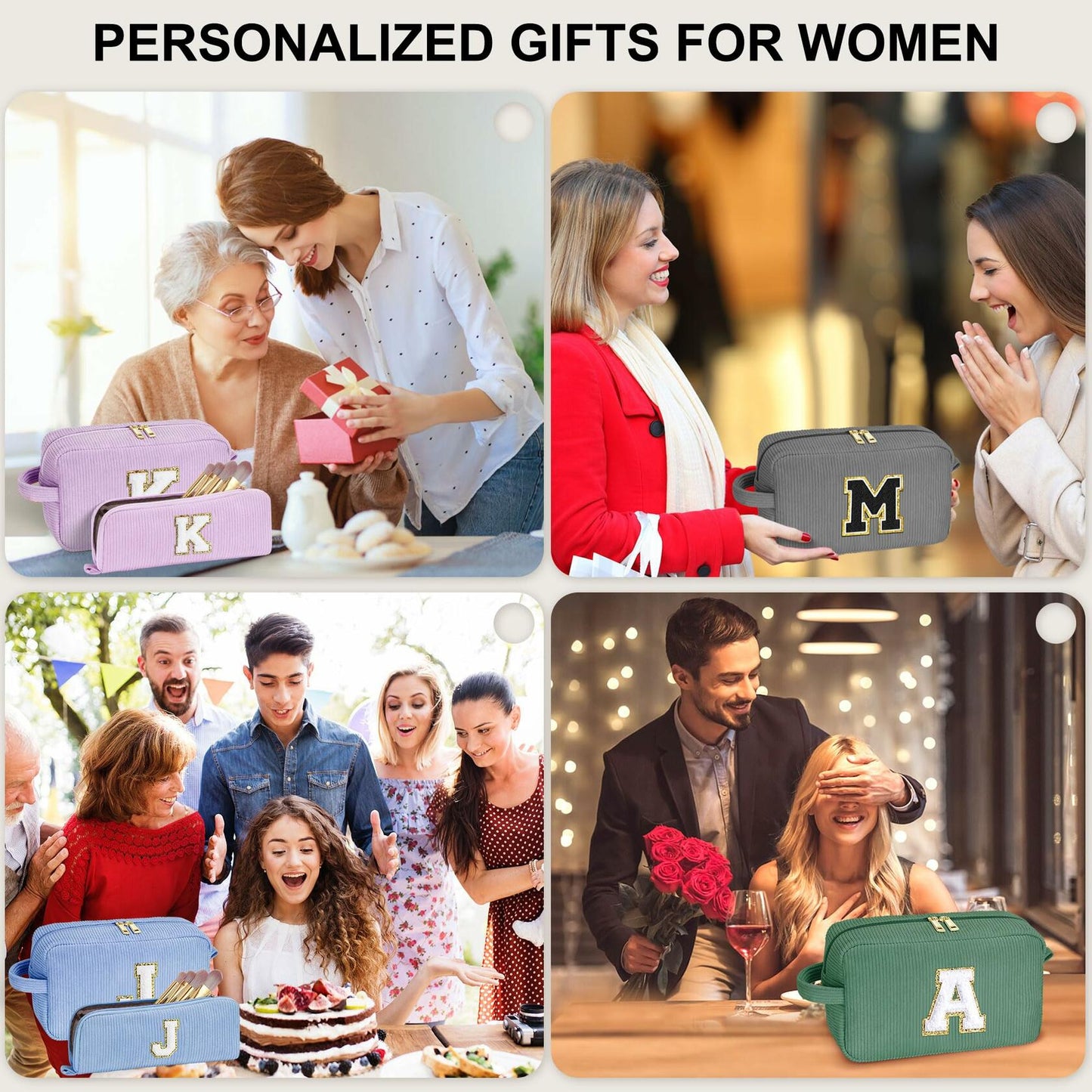 YOOLIFE Monogram Make Up Bag Birthday Gift for Women Girls Gray