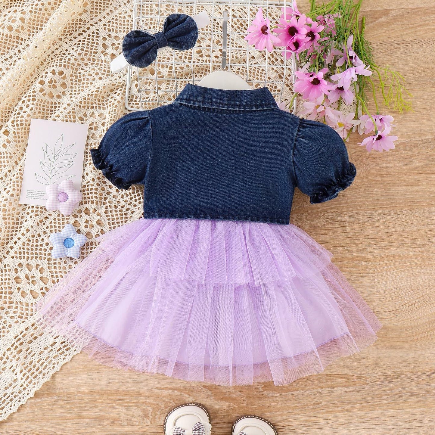 FOCICI Baby Girls Tulle Dress Denim Jacket Headband 3PC Set Purple Size 18-24M