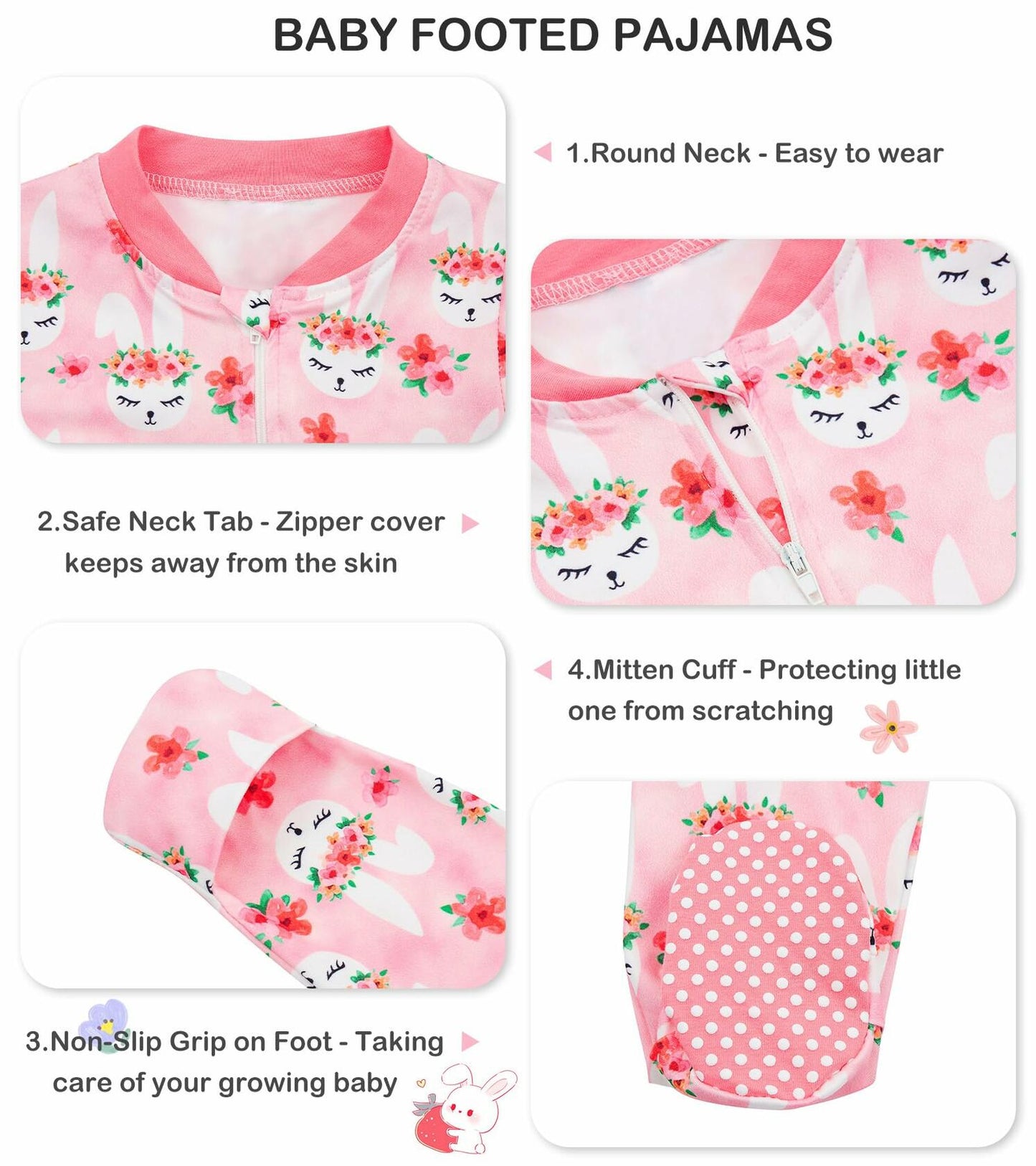 uideazone Baby Girl Bunny Footed Pajamas Pink Long Sleeve Pjs Size 9-12M