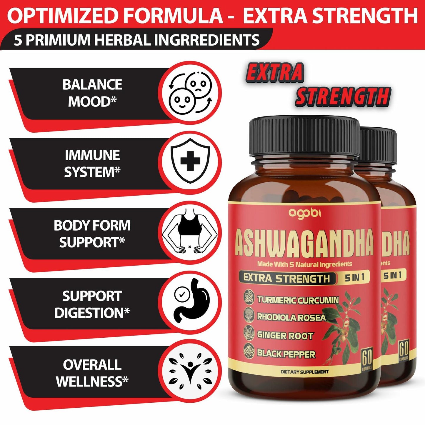 BestBy12/25 Ashwagandha 2 Pack 60 Caps 5in1 Formula Turmeric Rhodiola Black