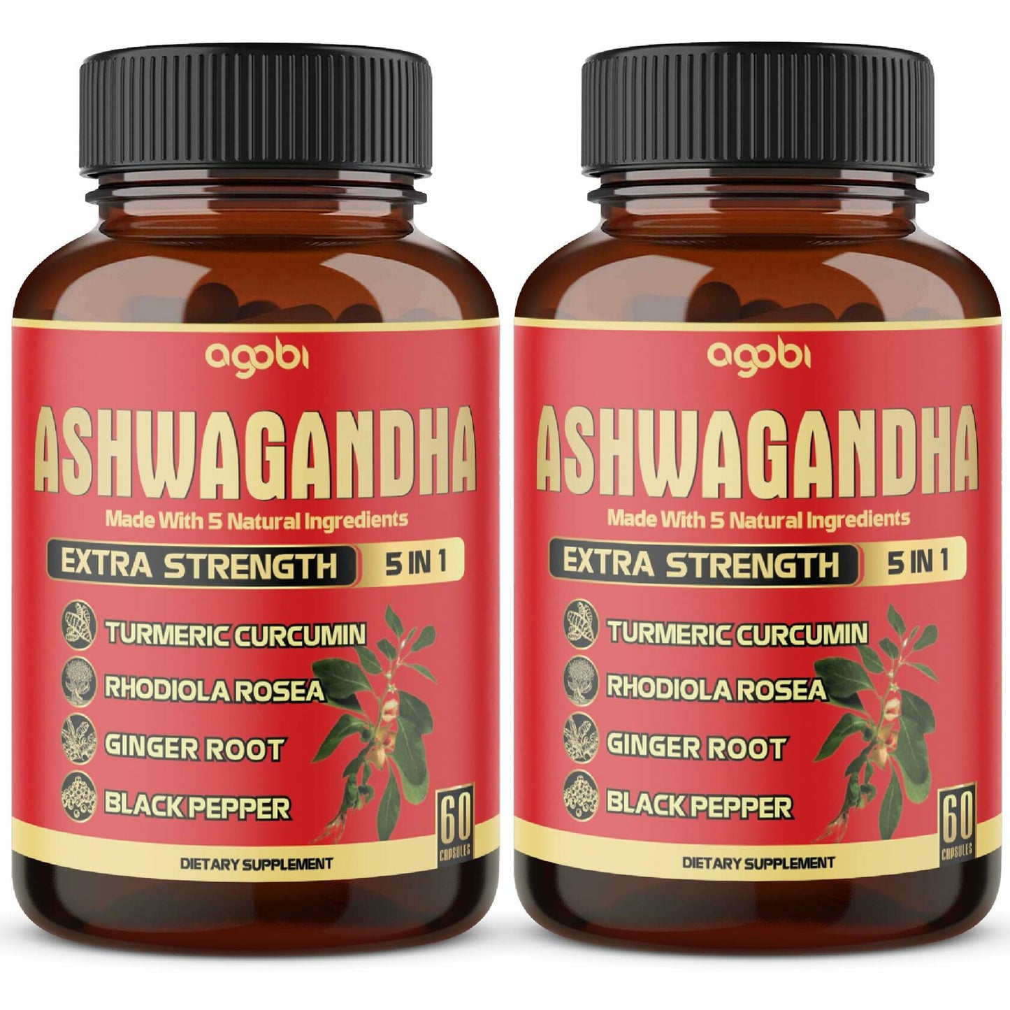 BestBy12/25 Ashwagandha 2 Pack 60 Caps 5in1 Formula Turmeric Rhodiola Black