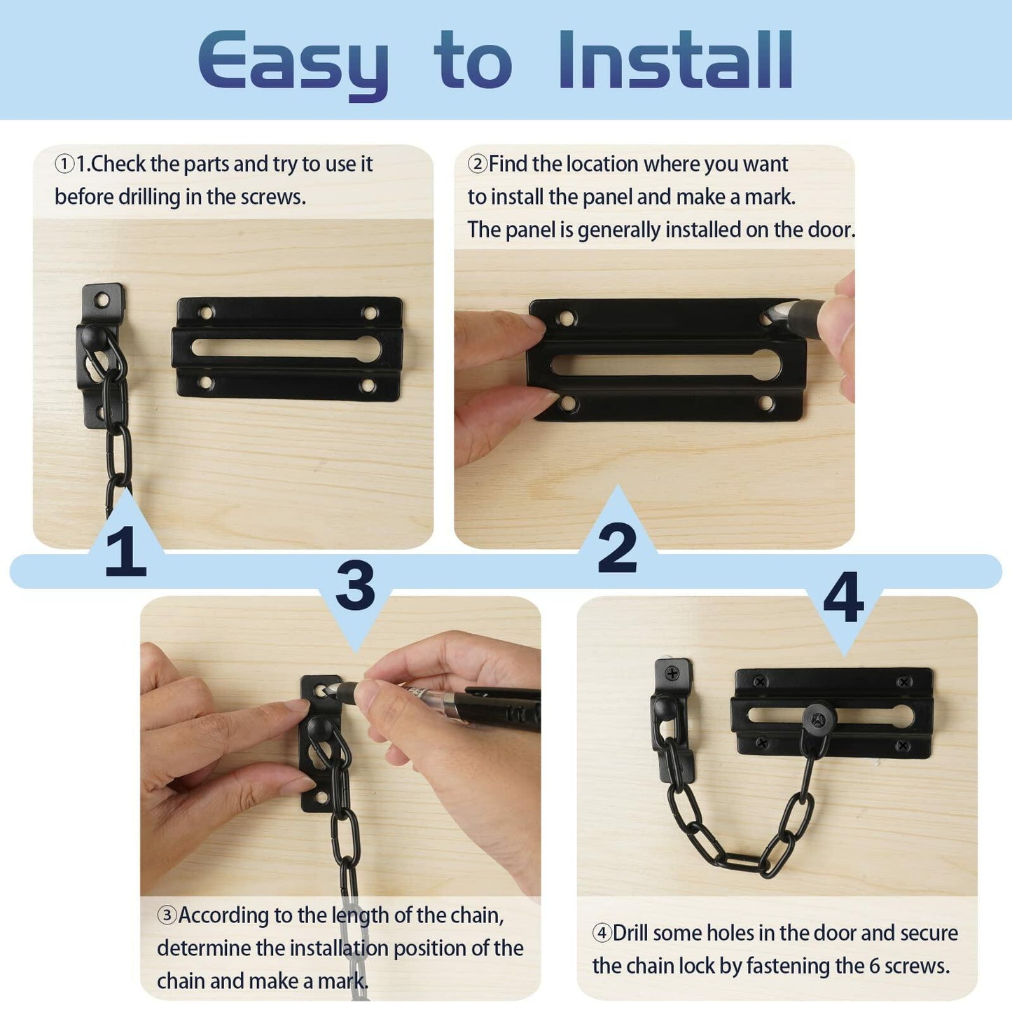 Door Chain Lock 2 Pack with 12 Screws, Sturdy Thickened Security Safety Locks