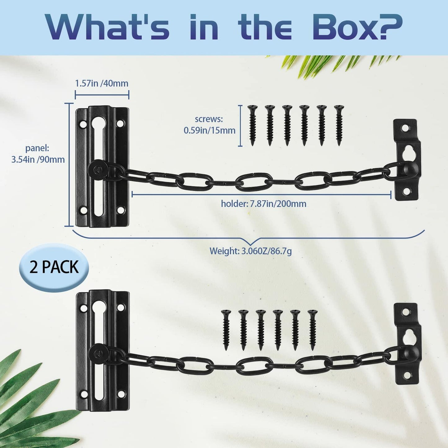 Door Chain Lock 2 Pack with 12 Screws, Sturdy Thickened Security Safety Locks