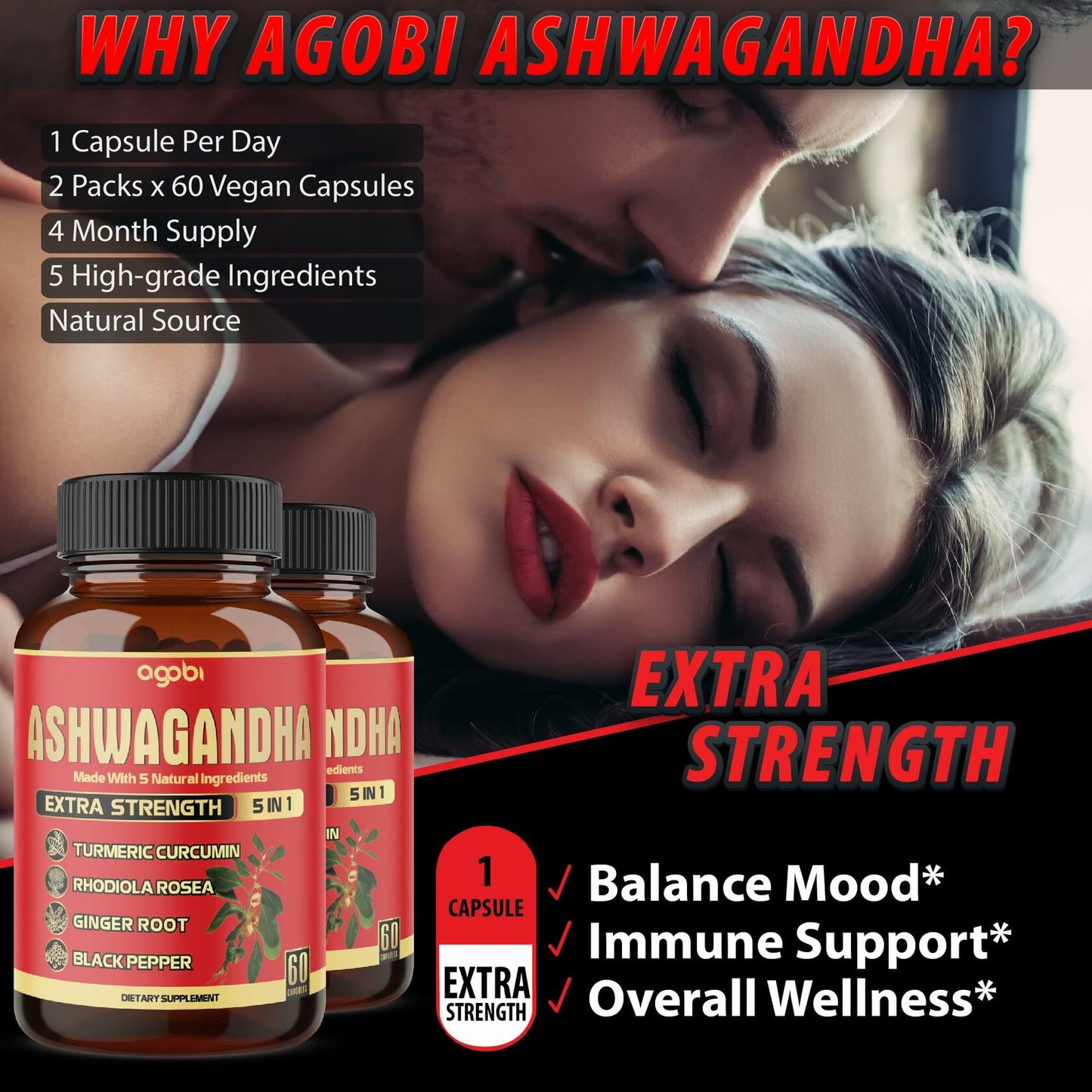 BestBy12/25 Ashwagandha 2 Pack 60 Caps 5in1 Formula Turmeric Rhodiola Black