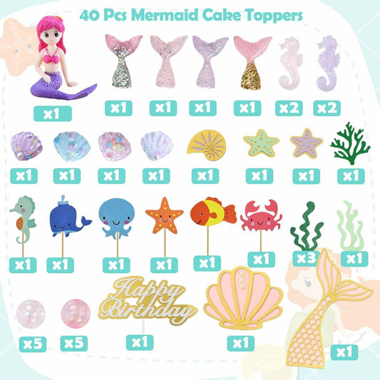 LXASIY 40pcs Mermaid Cake Toppers Glitter Ocean Theme Birthday Party Decor