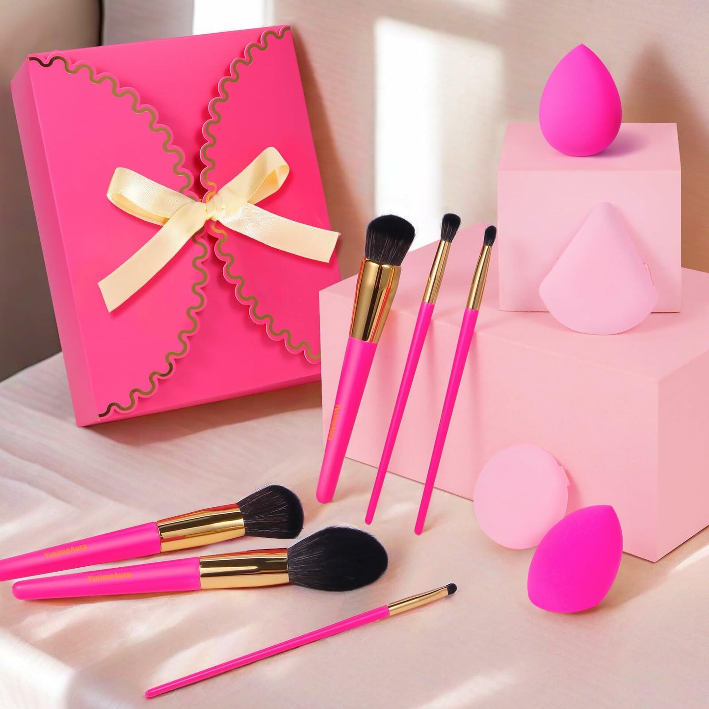 YutimeAura Makeup Brushes Set with Sponges Puff Pink Foundation Powder Contour