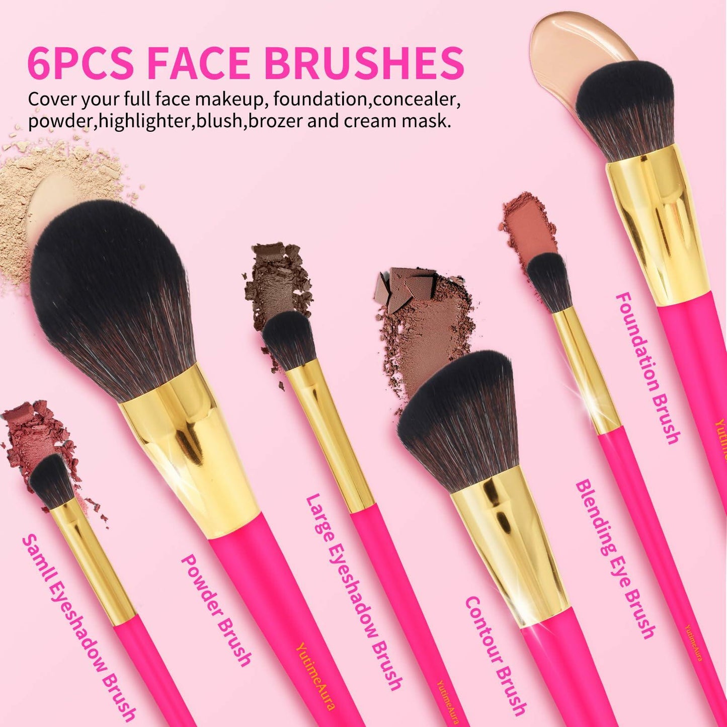 YutimeAura Makeup Brushes Set with Sponges Puff Pink Foundation Powder Contour