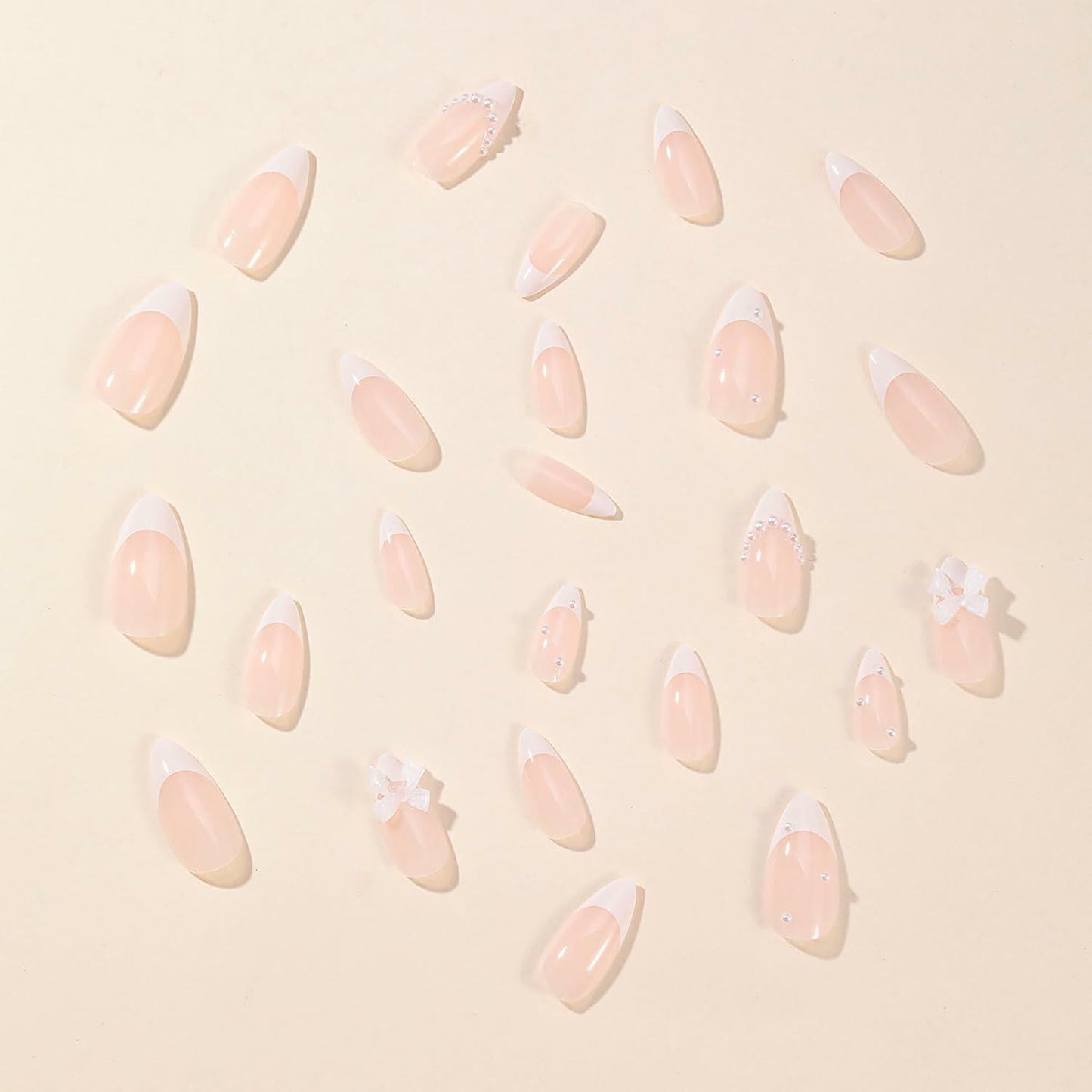 RIICFDD 24Pcs Medium Almond French Tip White Fake Nails 3D Bow Pearl Charms