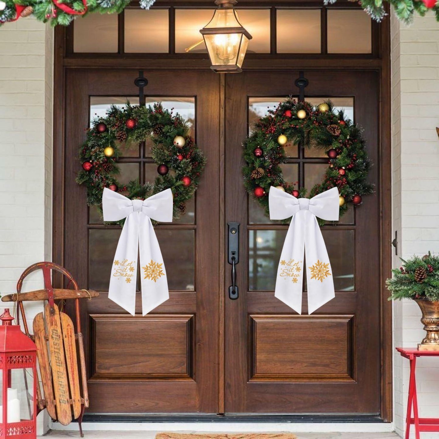2 Pack Wreath Sash Boxwood Snowflake Christmas Garland Front Door Decor