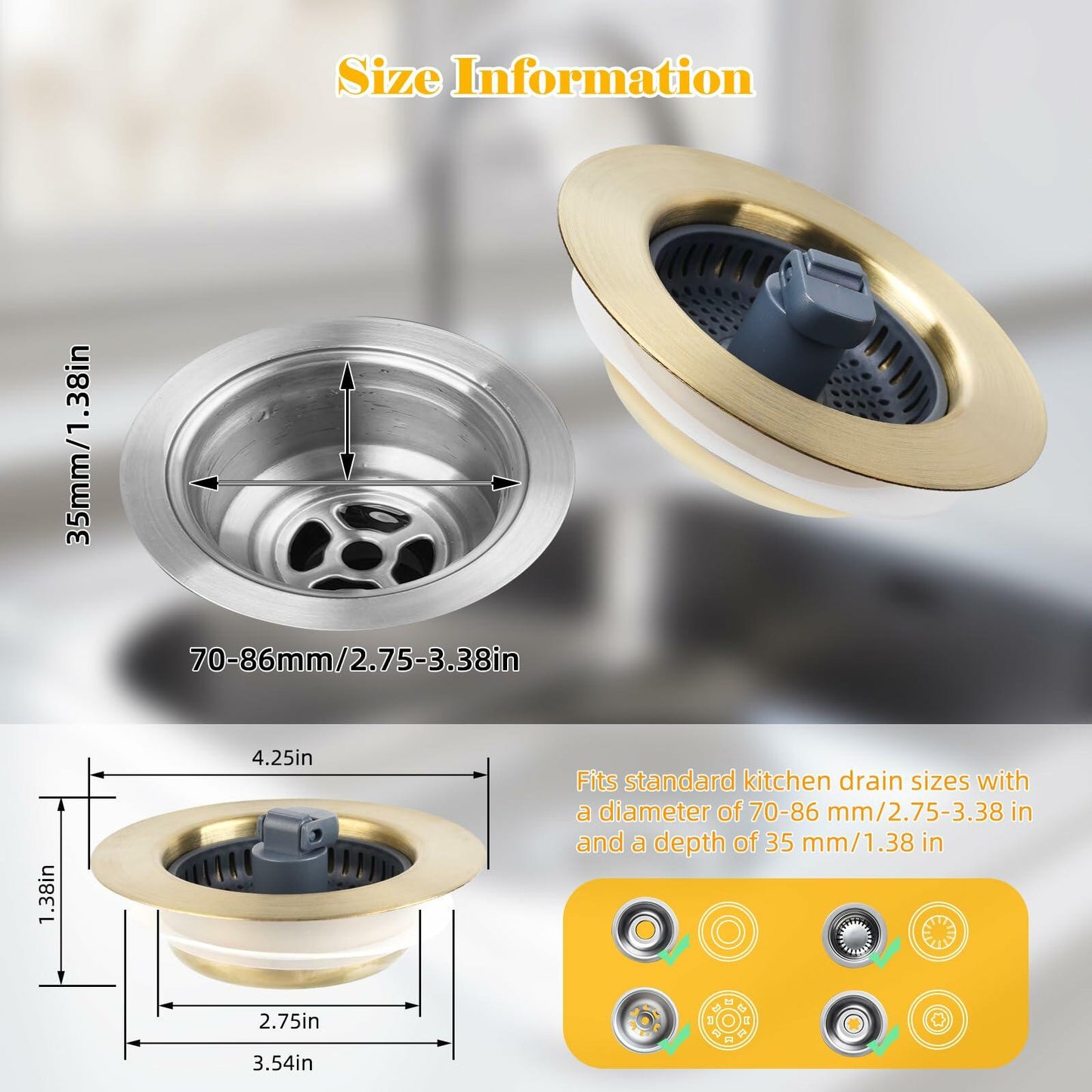 3-in-1 Kitchen Sink Drain Strainer Stopper Stainless Steel Chrome 3-1/2 Inch
