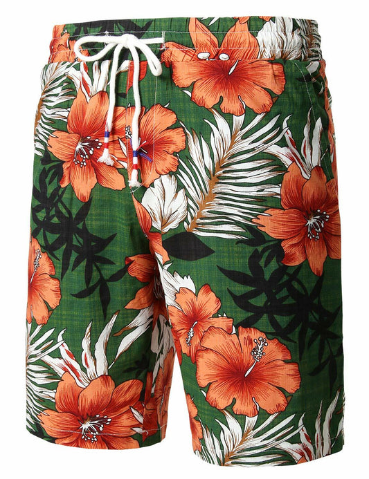 JOGAL Men's Flower Flat Front Casual Aloha Hawaiian Shorts Green Size M