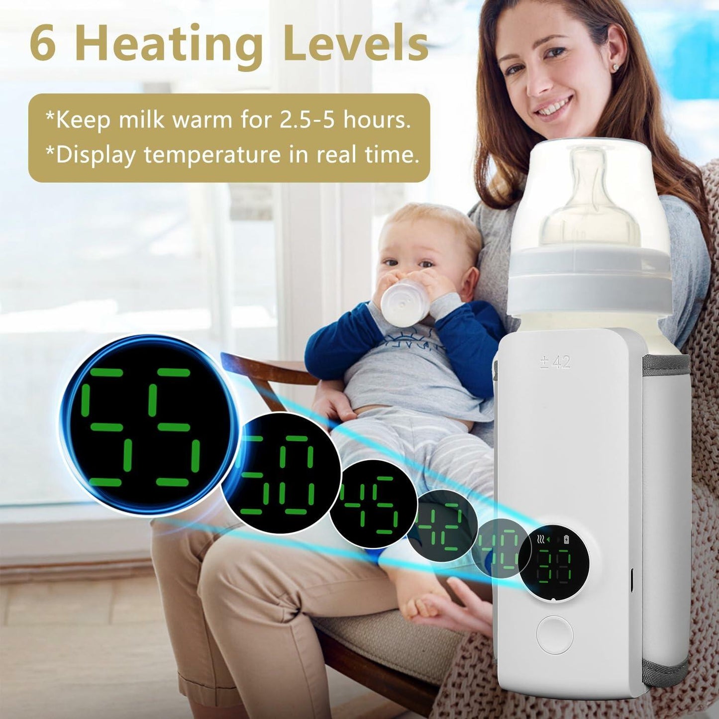 KOCASO Portable Baby Bottle Warmer USB Rechargeable Travel Milk Warmer 6 Levels