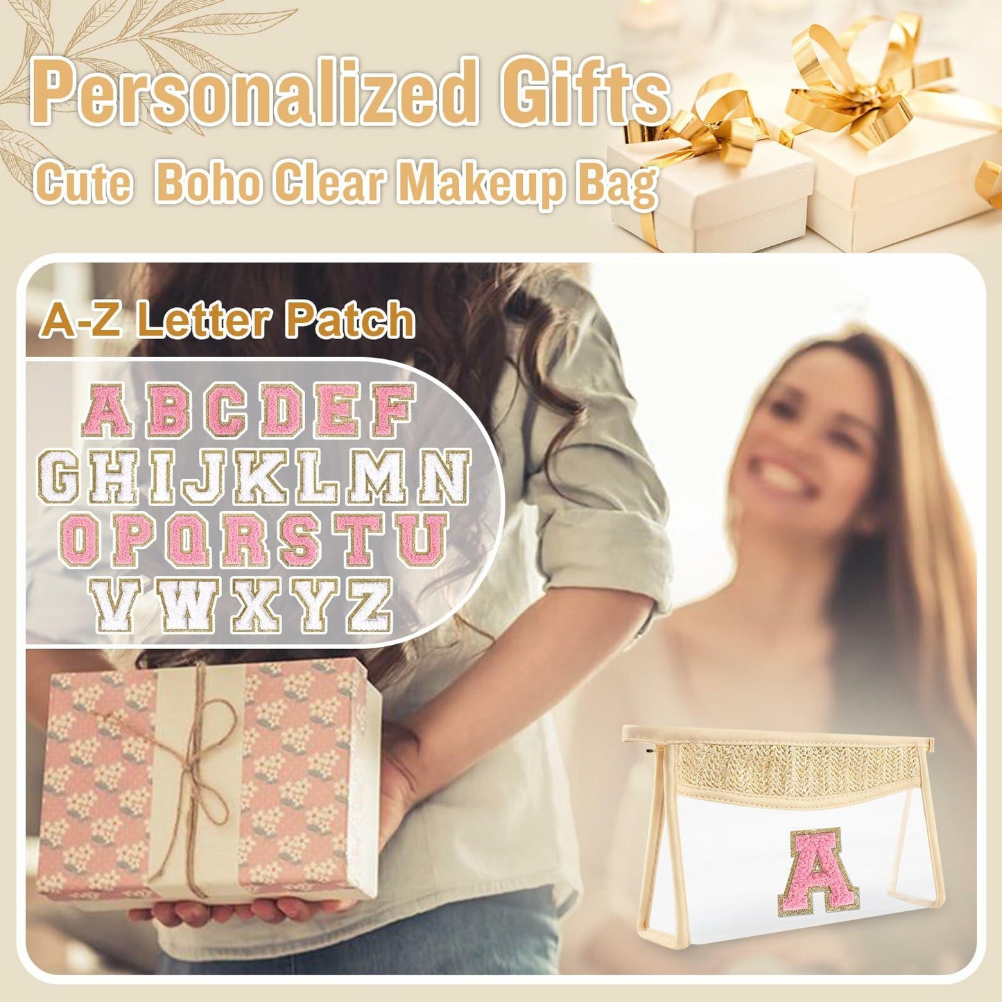 Personalized Initial Small Boho Straw Clear Makeup Bag Waterproof PVC Travel