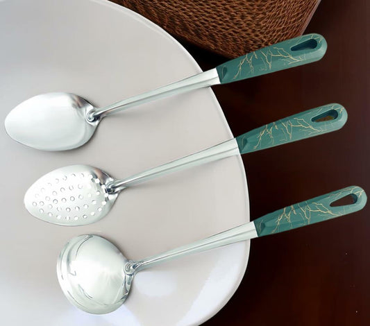 XIAOXGMALL Stainless Steel 3 Pc Serving Spoon Set White Slotted Ladle