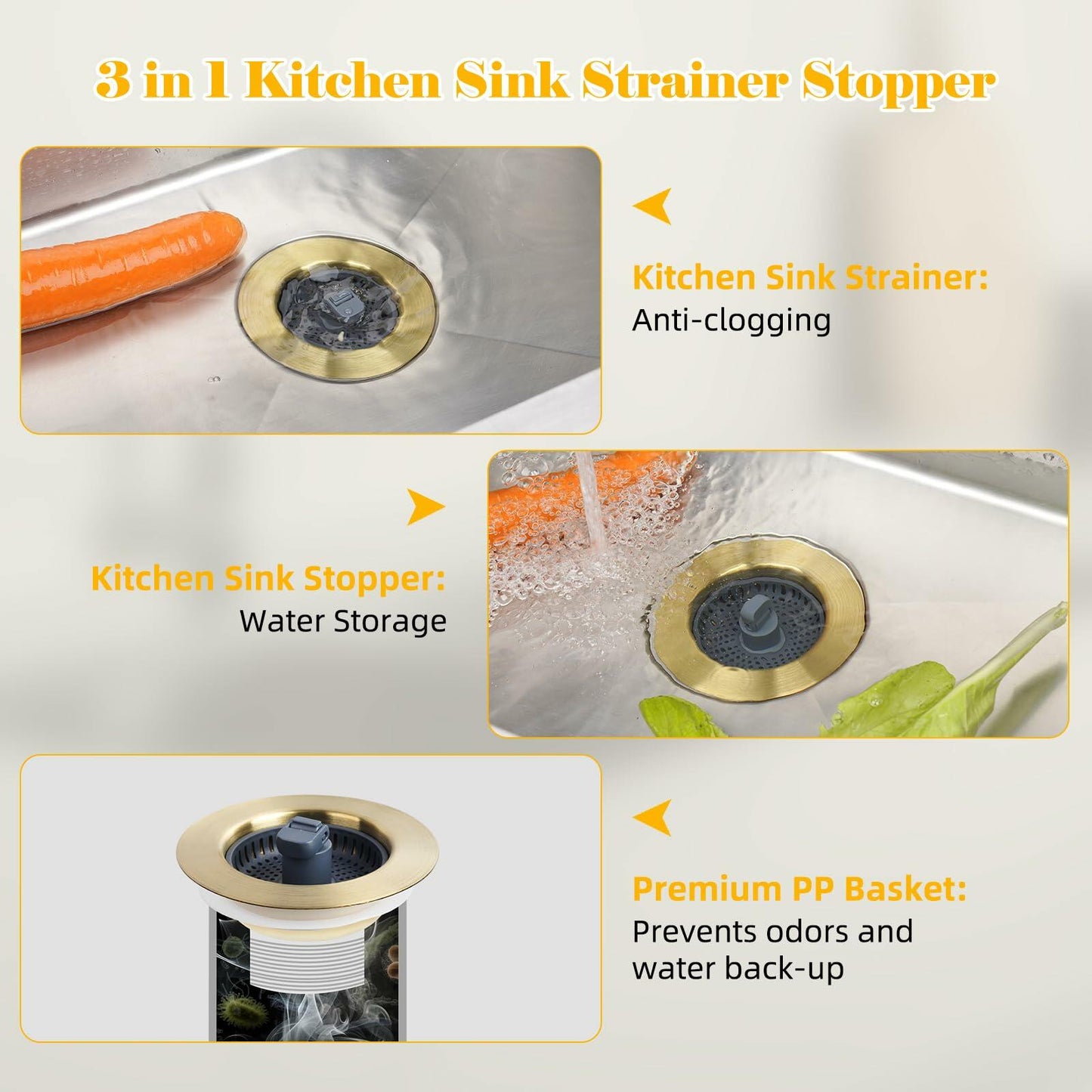 3-in-1 Kitchen Sink Drain Strainer Stopper Stainless Steel Chrome 3-1/2 Inch