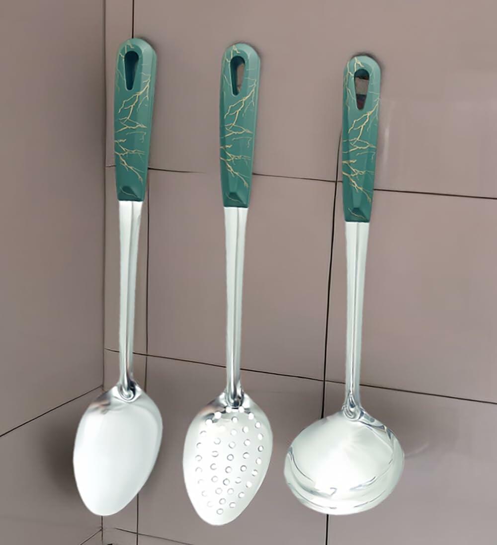 XIAOXGMALL Stainless Steel 3 Pc Serving Spoon Set White Slotted Ladle