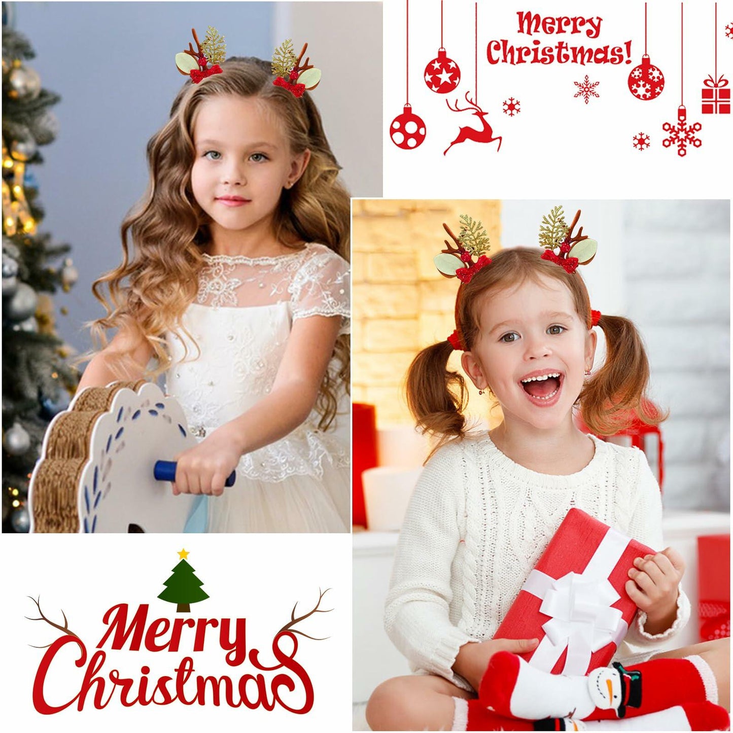 Christmas Bow Hair Clips Red Gold Reindeer Antler 2PCS Holiday Accessories