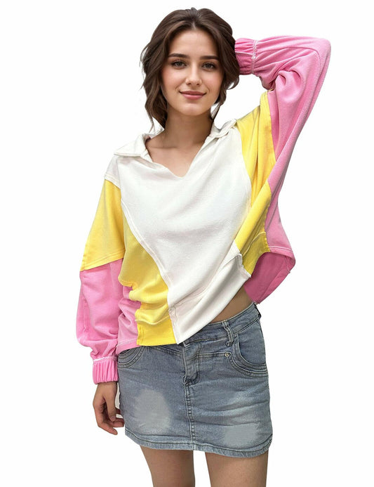 Buxitt Colorblock Oversized V-Neck Sweatshirt Women Patchwork Pullover XL