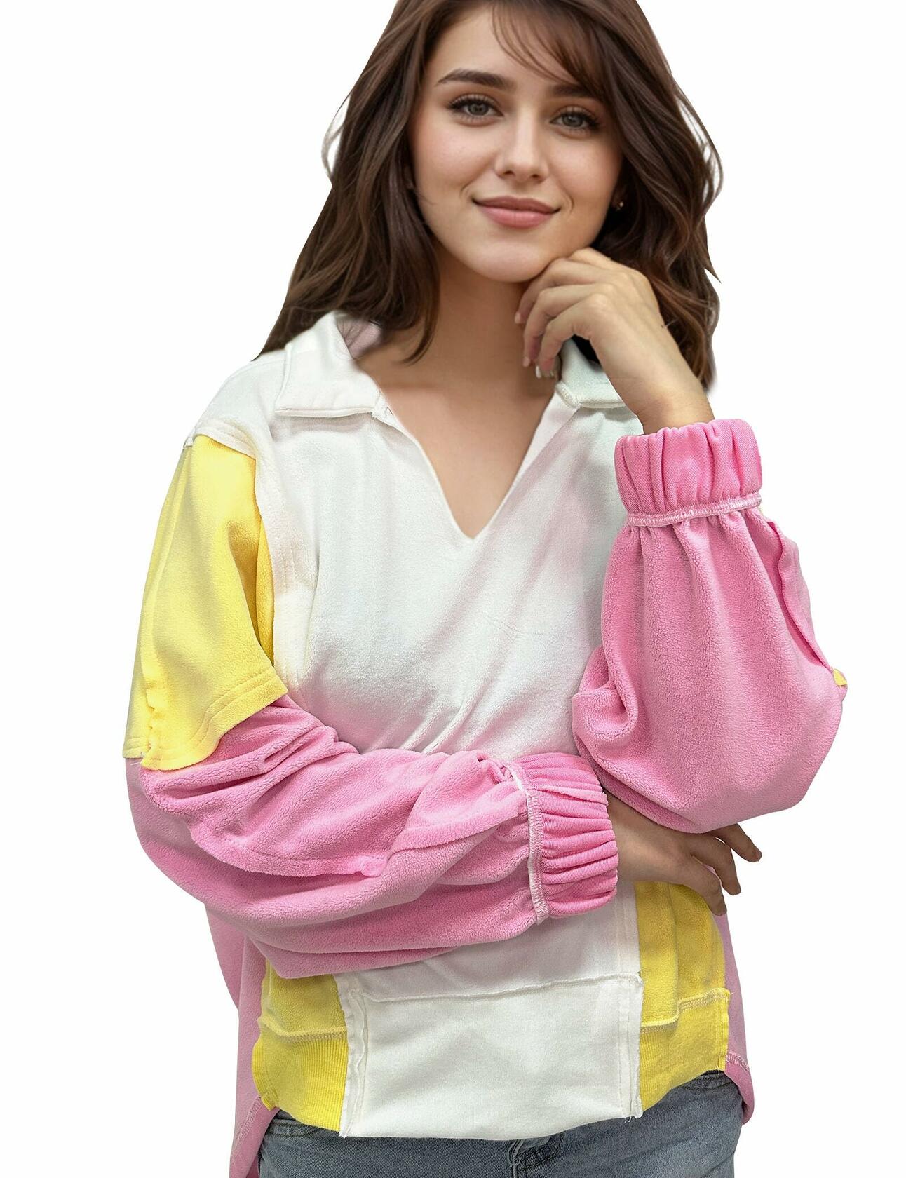 Buxitt Colorblock Oversized V-Neck Sweatshirt Women Patchwork Pullover XL