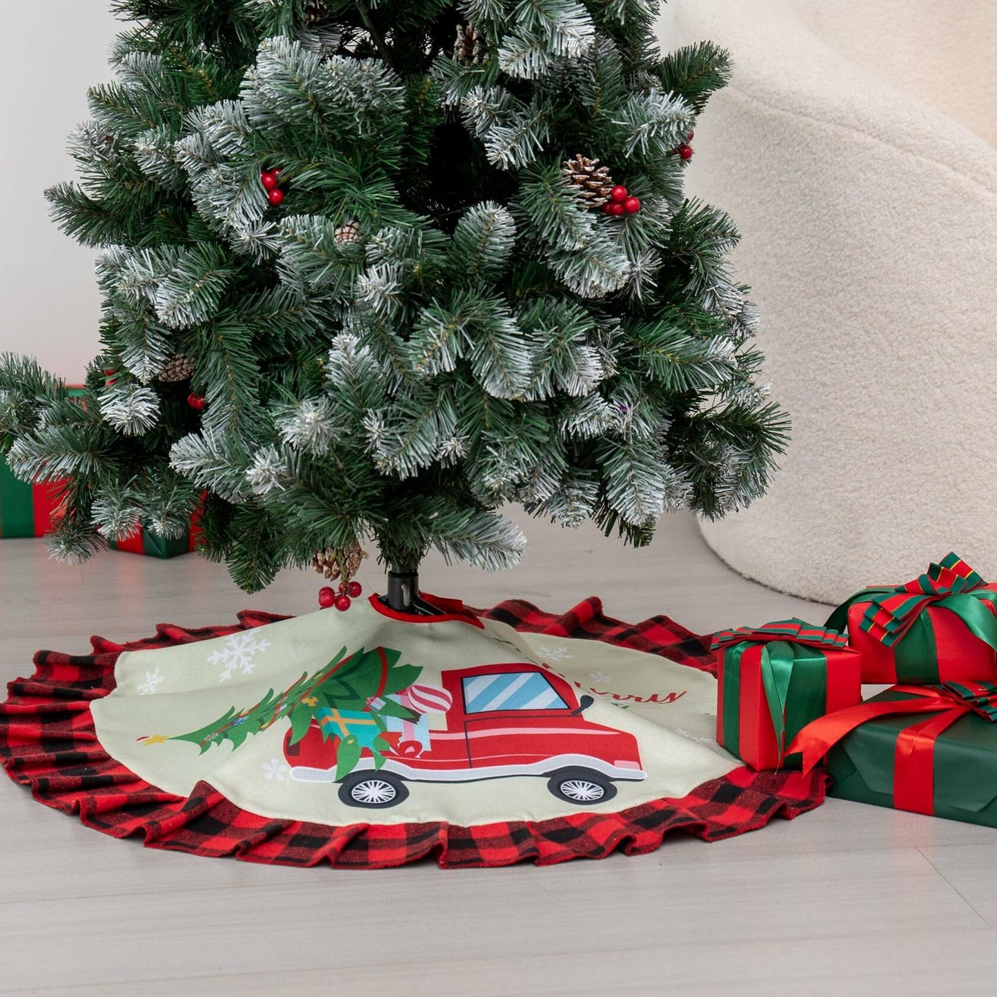 Burlap Christmas Tree Skirt 36" Red Black Buffalo Plaid Truck Farmhouse