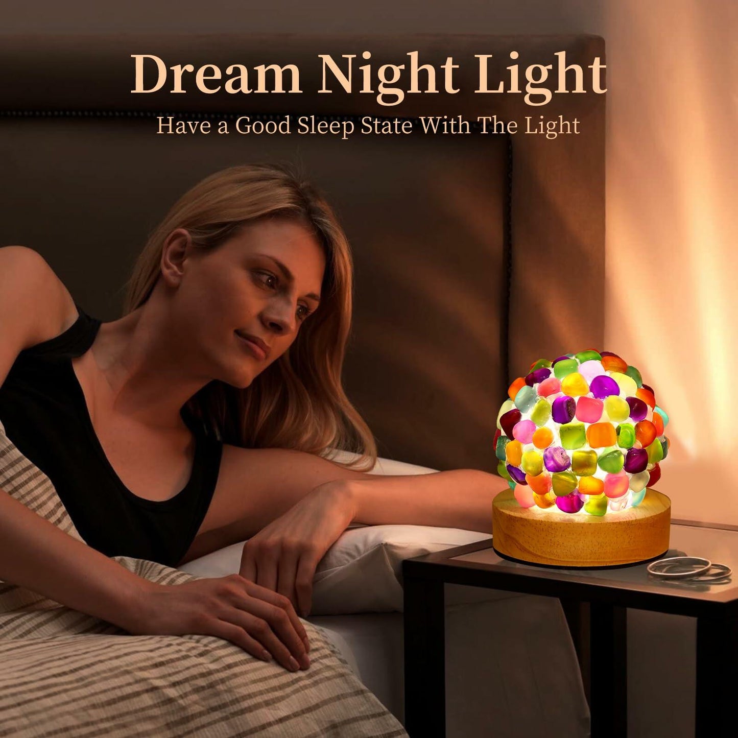 Nizrsky Rainbow Agate Lamp Healing Crystals Night Light Wooden Base