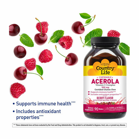 BestBy08/28 Country Life Acerola Vitamin C Complex 500mg Chewable 90 Wafers