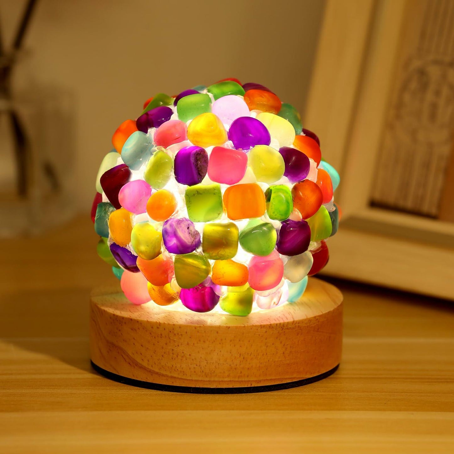 Nizrsky Rainbow Agate Lamp Healing Crystals Night Light Wooden Base