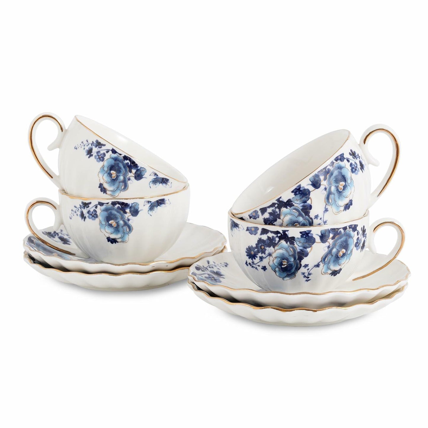 Agyiuns Porcelain Bone China Tea Cups 6.4oz Floral Gold Trim White Blue Set