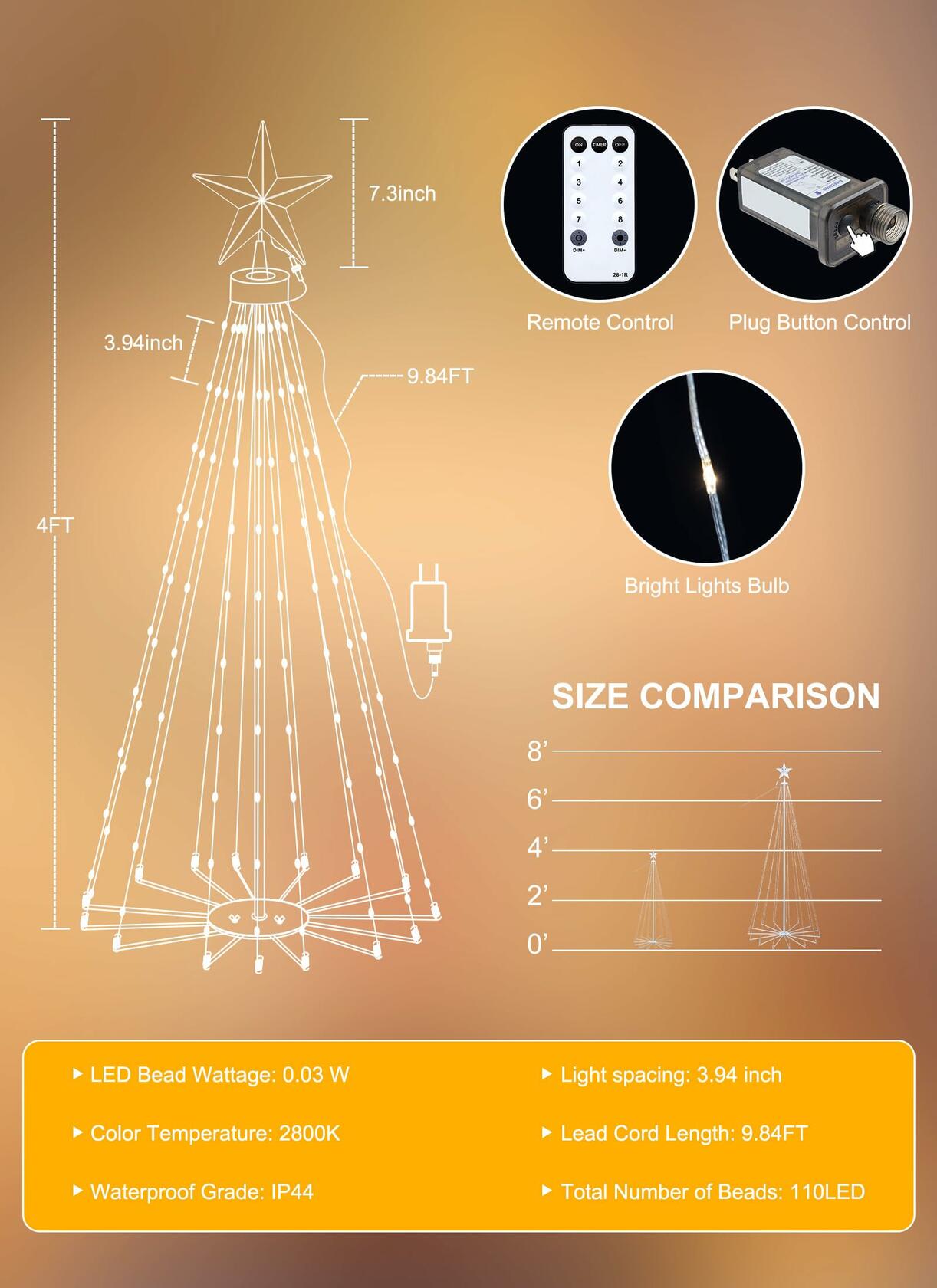 LED Christmas Cone Tree Light 4ft 110 LED Remote Dimmable Warm White Star Topper