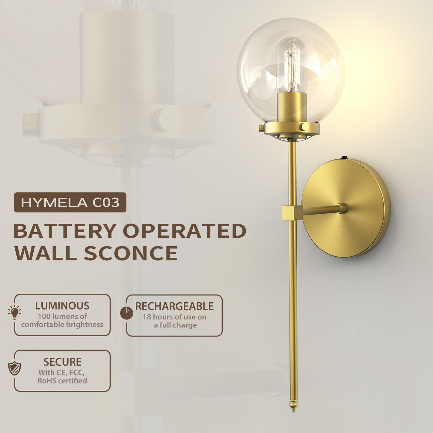 HYMELA C02 Battery Operated Wall Sconce Clear Glass Shade Black Bulb Included