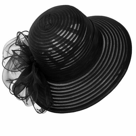 IZUS Lady Derby Straw Hat Organza Bowknot Women Church Cloche Hat