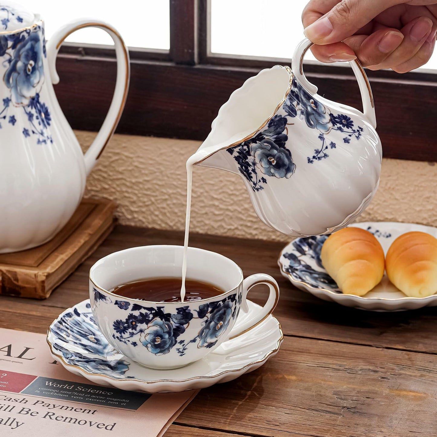 Agyiuns Porcelain Bone China Tea Cups 6.4oz Floral Gold Trim White Blue Set