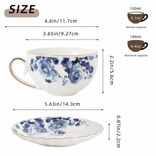 Agyiuns Porcelain Bone China Tea Cups 6.4oz Floral Gold Trim White Blue Set