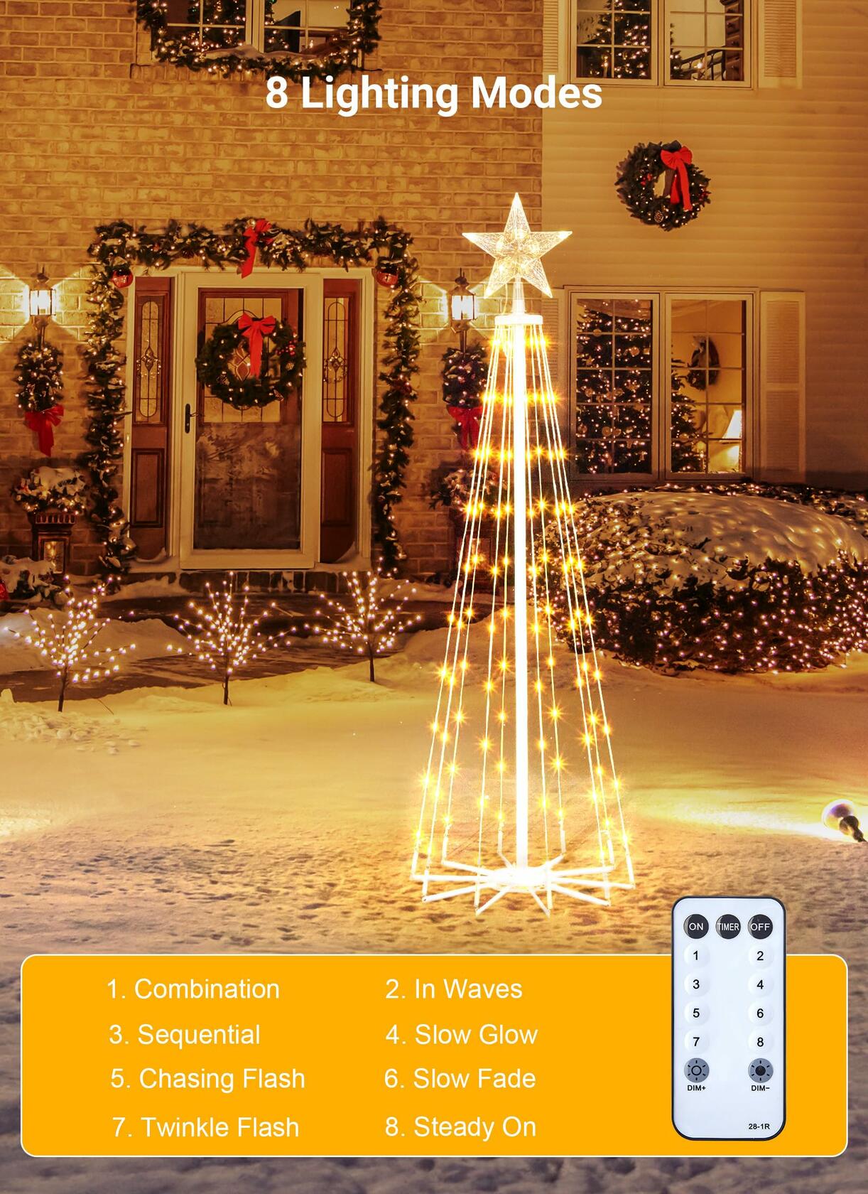 LED Christmas Cone Tree Light 4ft 110 LED Remote Dimmable Warm White Star Topper