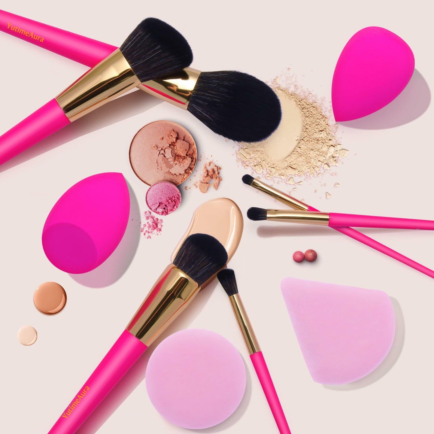 YutimeAura Makeup Brushes Set with Sponges Puff Pink Foundation Powder Contour