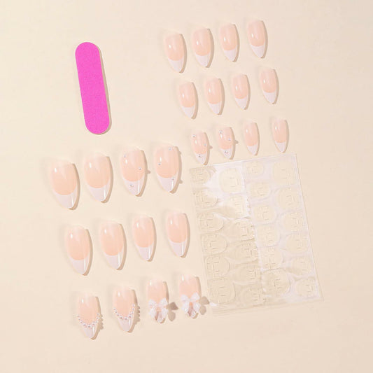 RIICFDD 24Pcs Medium Almond French Tip White Fake Nails 3D Bow Pearl Charms