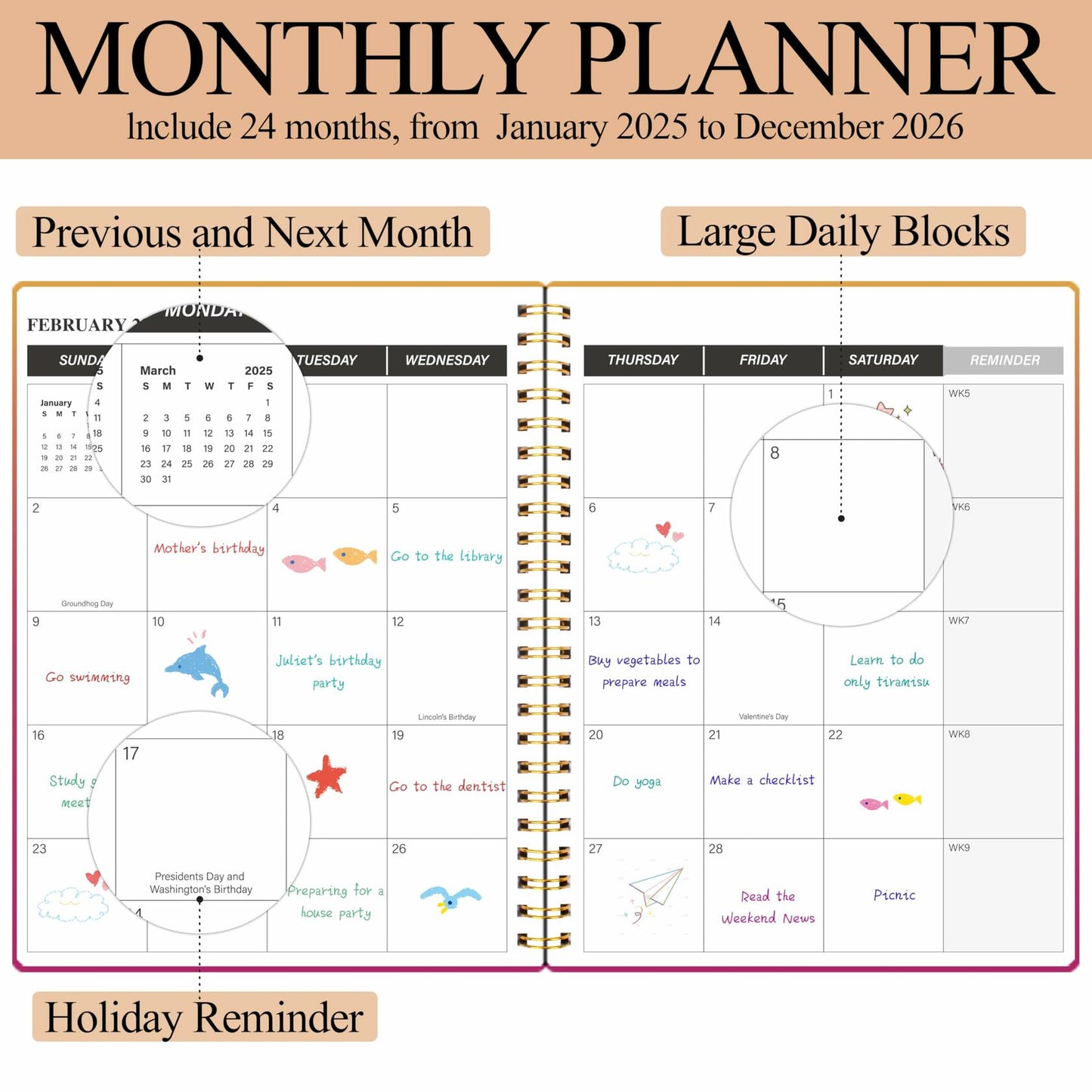DOURA 2025-2026 Monthly Planner 24 Months 7x9.5 Pinkish-Orange Waterproof Cover