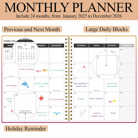 DOURA 2025-2026 Monthly Planner 24 Months 7x9.5 Pinkish-Orange Waterproof Cover