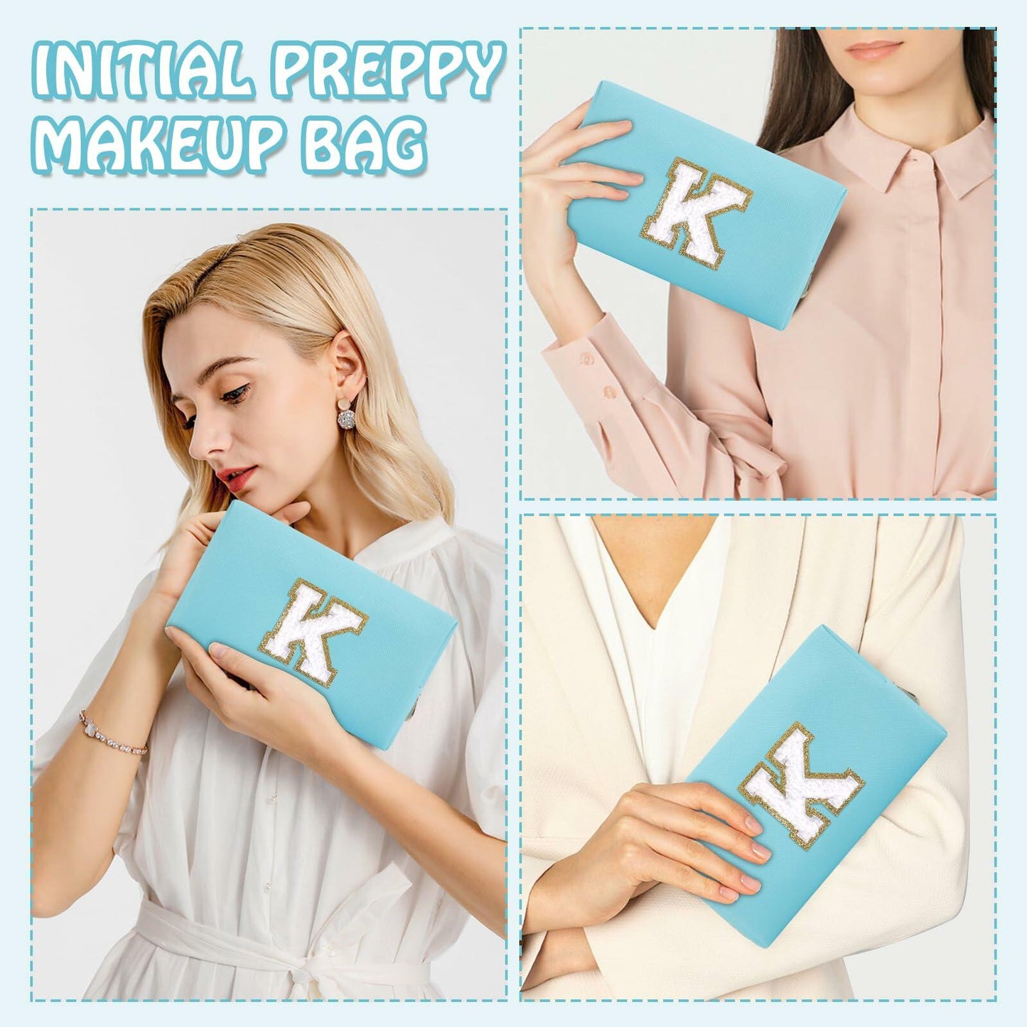 Personalized Chenille Letter K Makeup Bag Small Blue Waterproof PU Leather