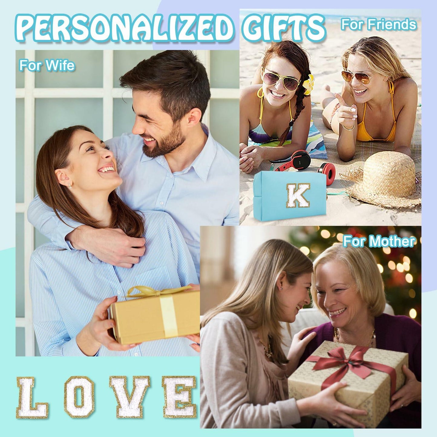 Personalized Chenille Letter K Makeup Bag Small Blue Waterproof PU Leather