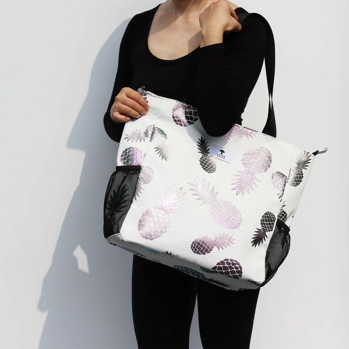 ESVAN Floral Water Resistant Large Tote Bag Shoulder Bag White Pineapple
