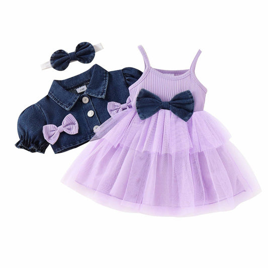 FOCICI Baby Girls Tulle Dress Denim Jacket Headband 3PC Set Purple Size 18-24M
