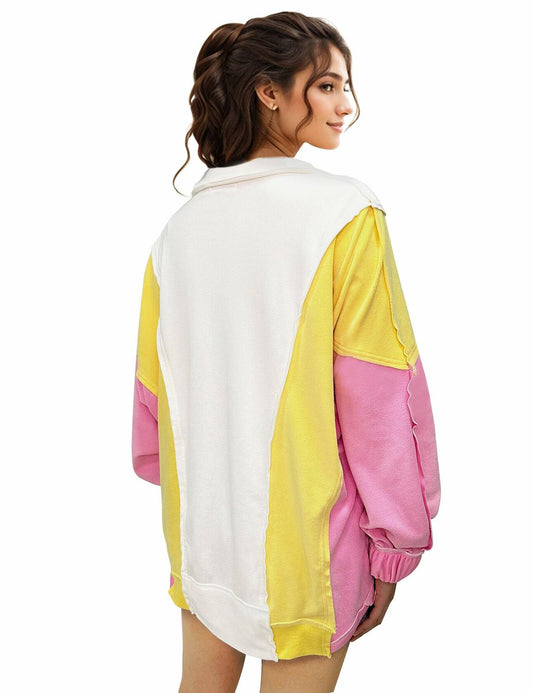 Buxitt Colorblock Oversized V-Neck Sweatshirt Women Patchwork Pullover XL