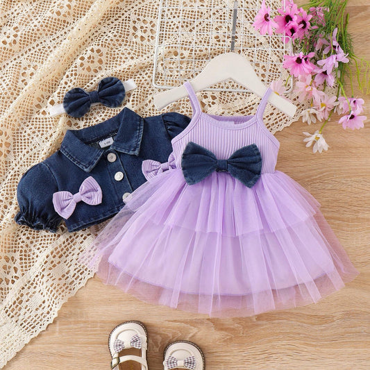 FOCICI Baby Girls Tulle Dress Denim Jacket Headband 3PC Set Purple Size 18-24M