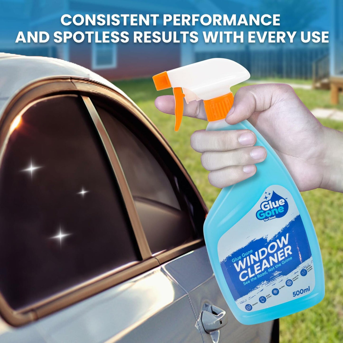 Glue Gone Car Window Cleaner Spray 500ml Streak-Free Shine Safe on Tints
